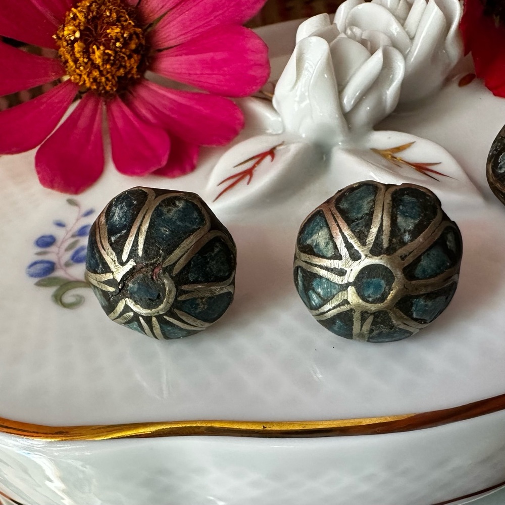 Stunning 1930's 3-Piece Turquoise Chip Sterling Inlay Mosaic Jewelry Set - Picture 6 of 8